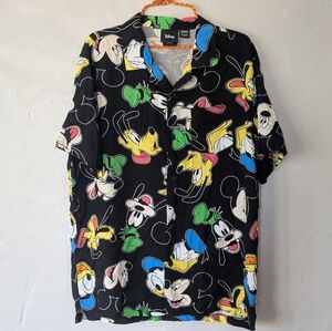 Disney Mickey Mouse and Friends Graphic Black Button Up Shirt Collar
